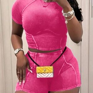 Pink Ribbed Two-Piece Set with Yellow and White Mini Bag